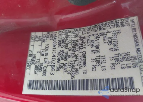 2007 Nissan Frontier Se z USA, uszkodzony, nr VIN 1N6AD06W17C402863